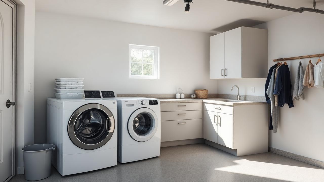 Buanderie installée dans un garage avec lave-linge et sèche-linge