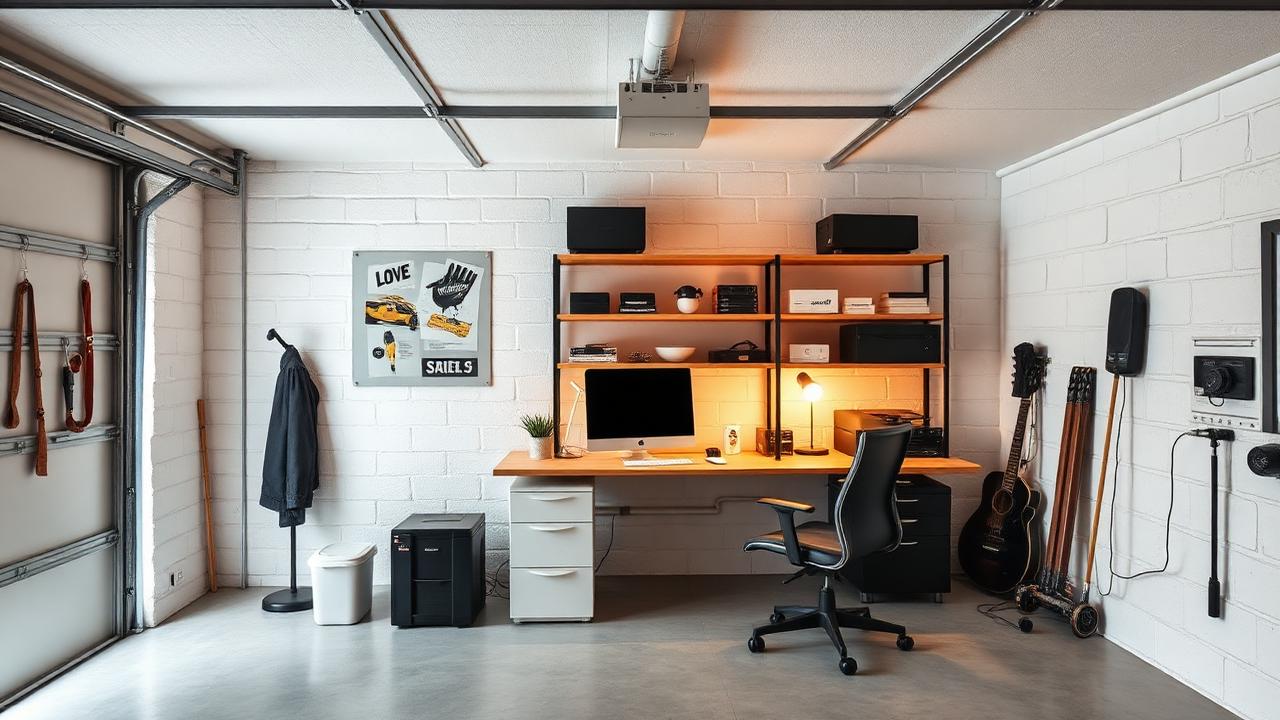 Bureau de télétravail aménagé dans un garage