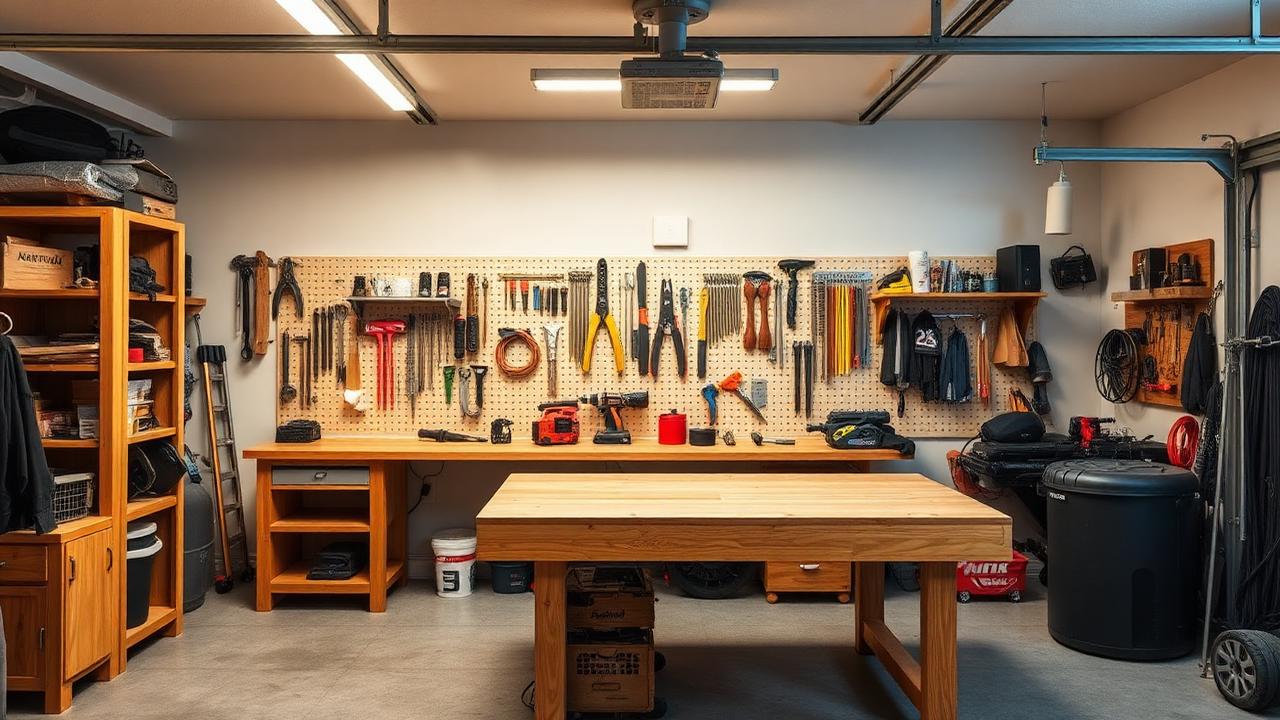 Atelier de bricolage dans un garage avec établi et panneau porte-outils