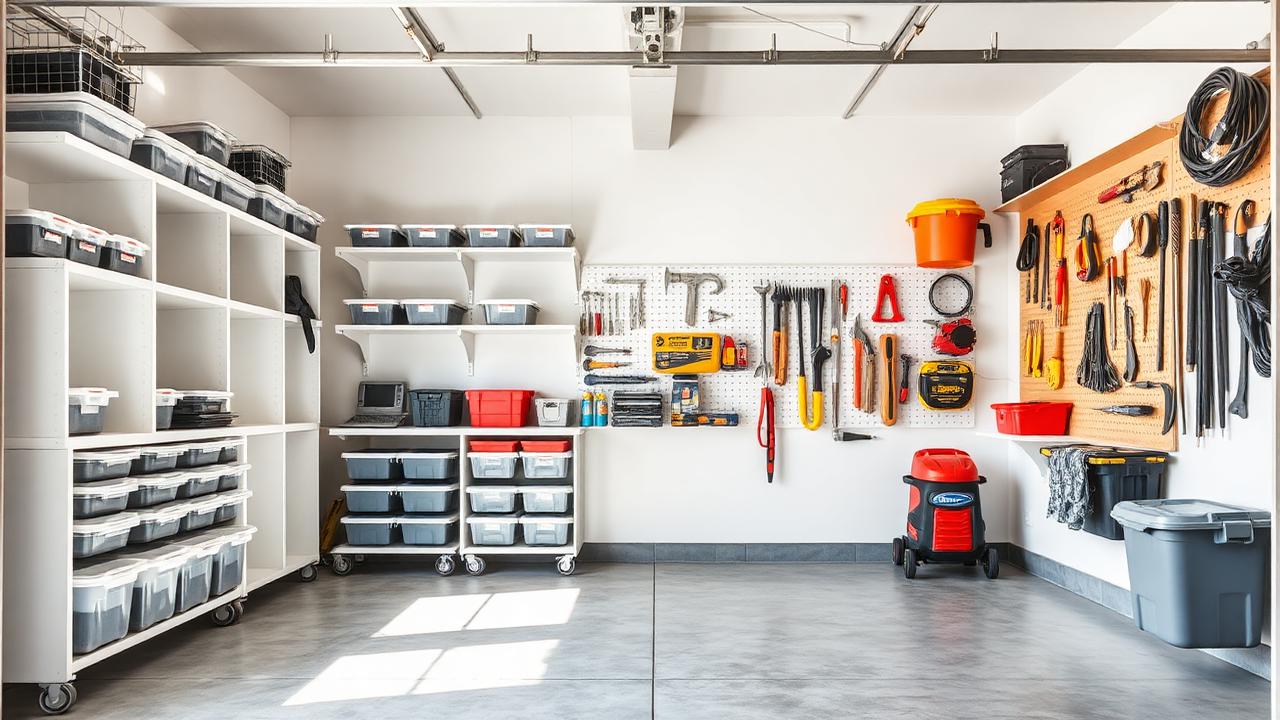 Garage aménagé en espace de rangement avec étagères et bacs