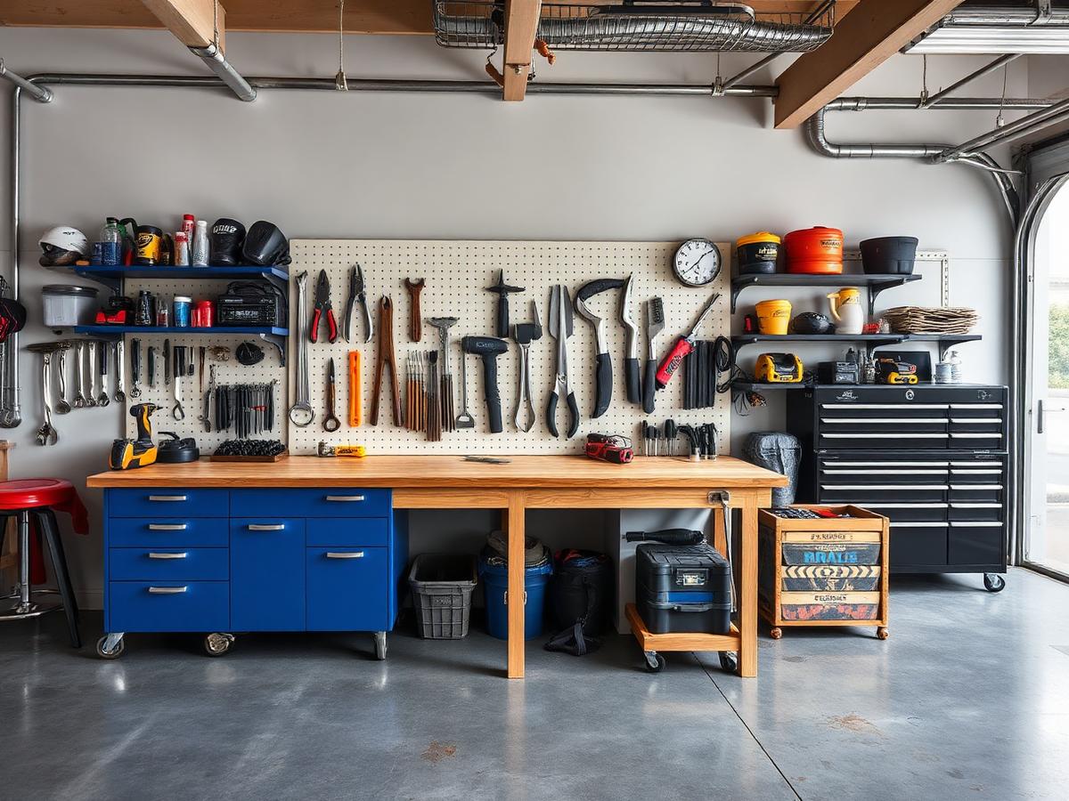 Établi d'atelier avec panneau à outils dans un garage professionnel