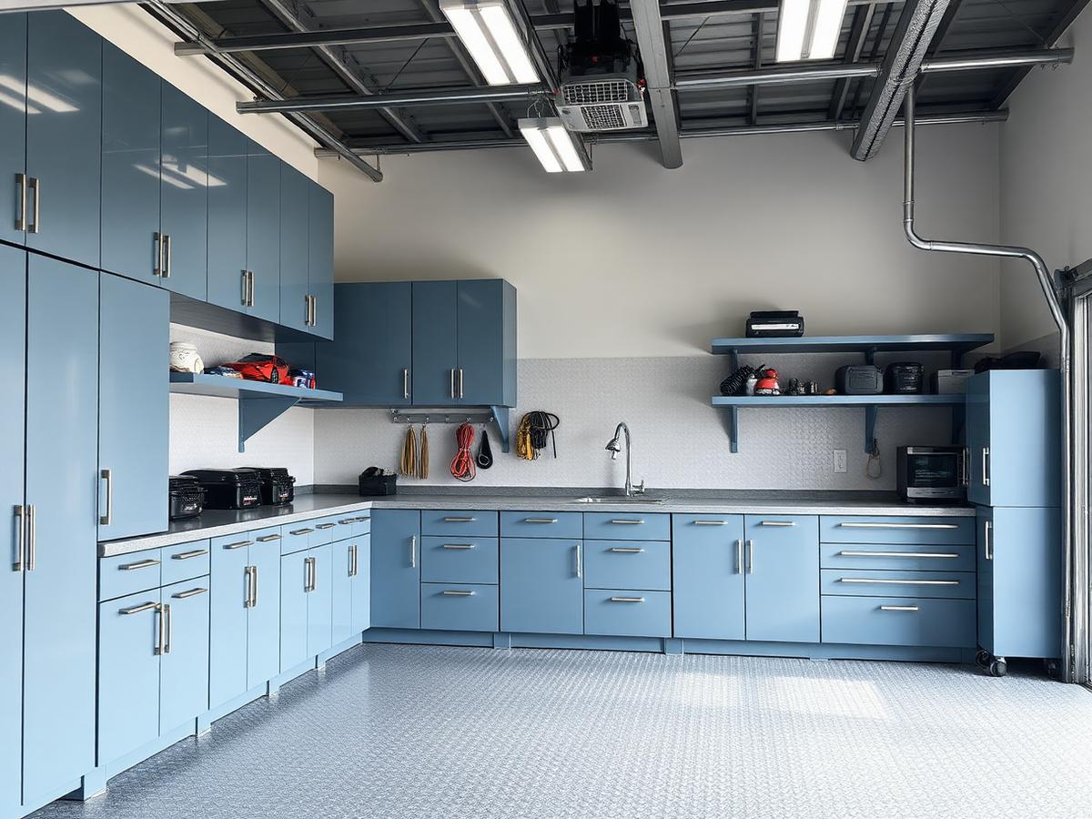 Garage professionnel équipé d'armoires de rangement bleues sur mesure
